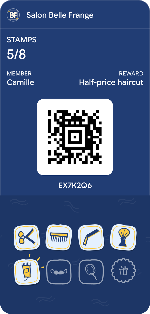 Sample card for Salon Belle Frange in Google Wallet: 5 stamps out of 8, reward: Half-price haircut.