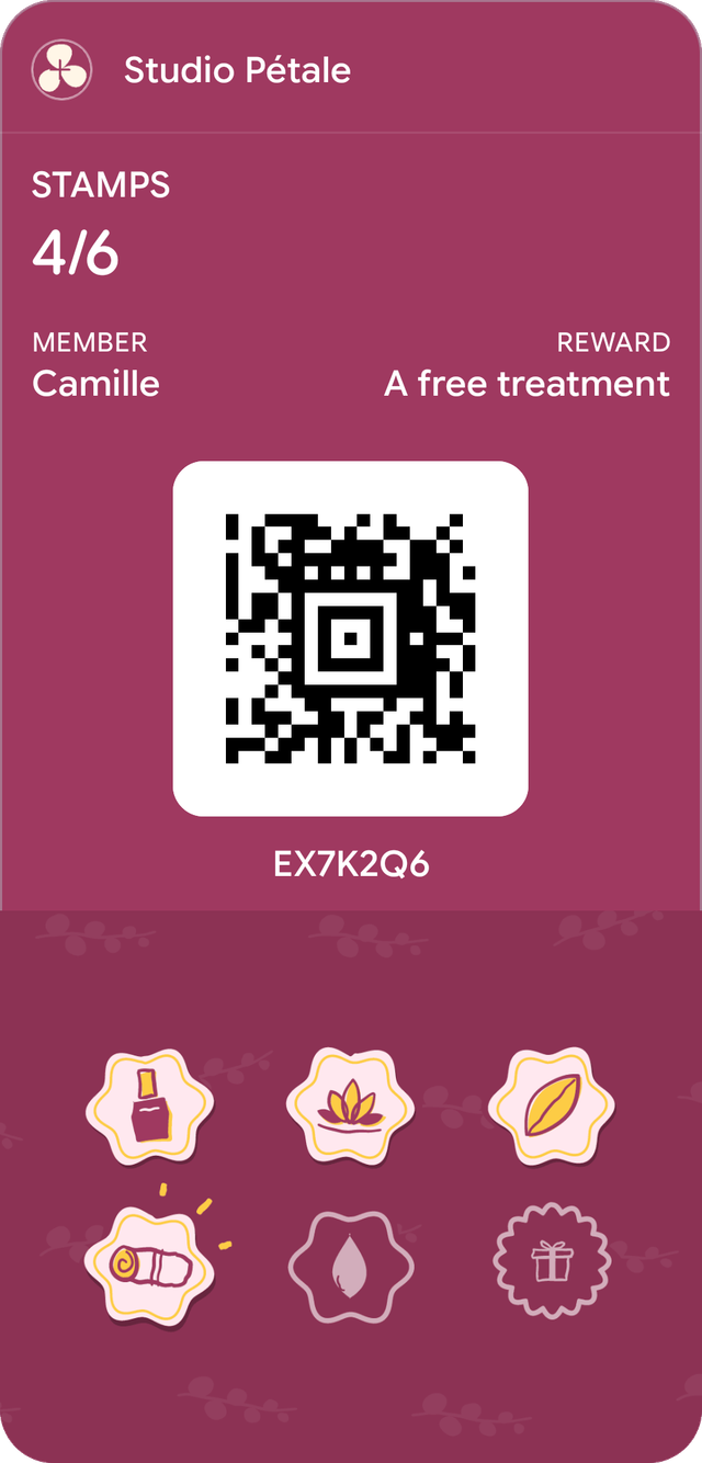 Sample card for Studio Pétale in Google Wallet: 4 stamps out of 6, reward: A free treatment.
