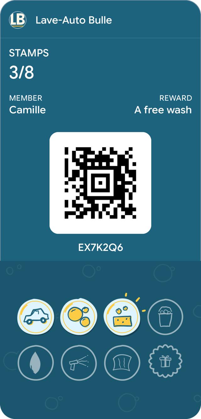 Sample card for Lave-Auto Bulle in Google Wallet: 3 stamps out of 8, reward: A free wash.