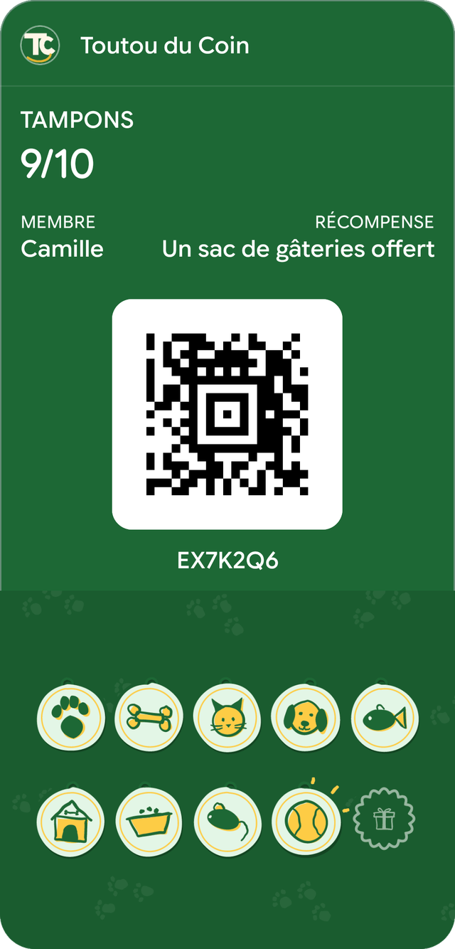 Carte d’exemple de Toutou du Coin dans Google Wallet : 9 tampons sur 10, récompense : Un sac de gâteries offert.