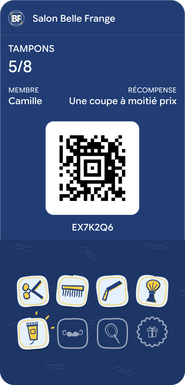 Carte d’exemple de Salon Belle Frange dans Google Wallet : 5 tampons sur 8, récompense : Une coupe à moitié prix.