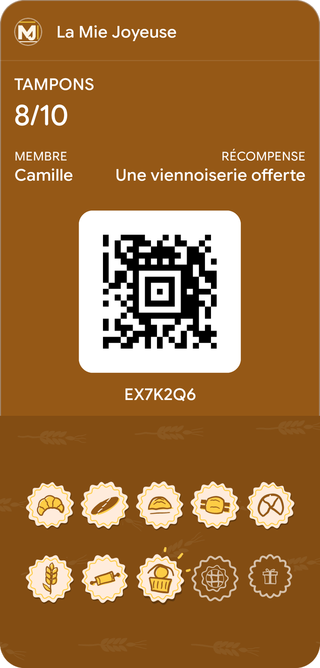Carte d’exemple de La Mie Joyeuse dans Google Wallet : 8 tampons sur 10, récompense : Une viennoiserie offerte.