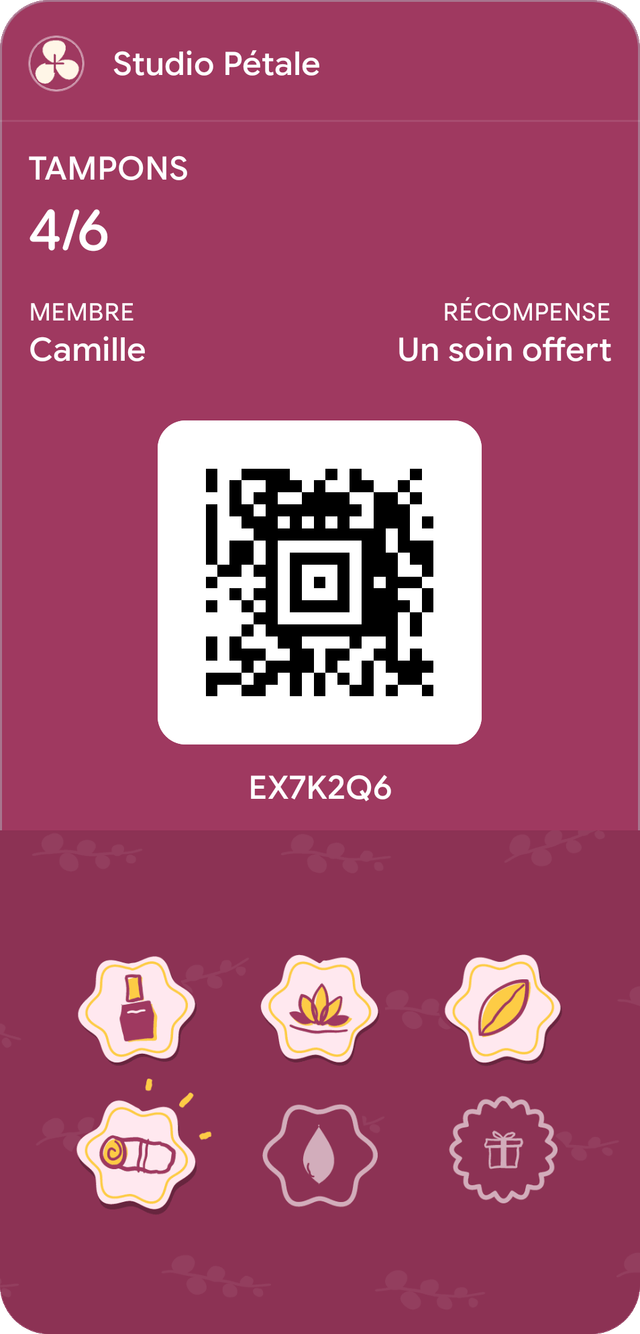 Carte d’exemple de Studio Pétale dans Google Wallet : 4 tampons sur 6, récompense : Un soin offert.