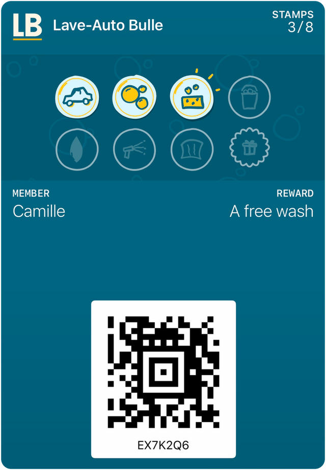 Sample card for Lave-Auto Bulle in Apple Wallet: 3 stamps out of 8, reward: A free wash.