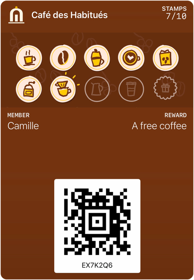 Sample loyalty card from Café des Habitués in Apple Wallet: 7 of 10 stamps, reward: A free coffee.