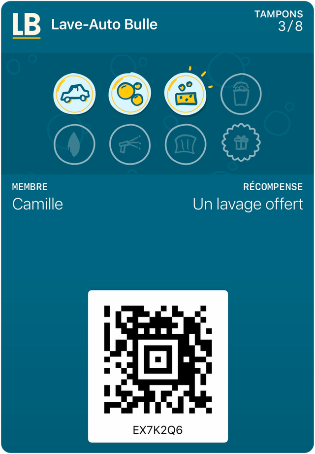 Carte d’exemple de Lave-Auto Bulle dans Apple Wallet : 3 tampons sur 8, récompense : Un lavage offert.