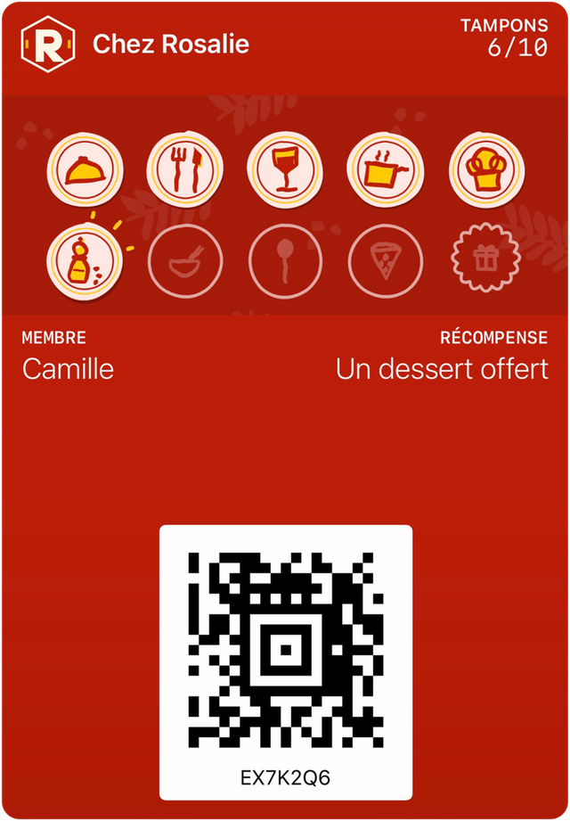 Carte d’exemple de Chez Rosalie dans Apple Wallet : 6 tampons sur 10, récompense : Un dessert offert.