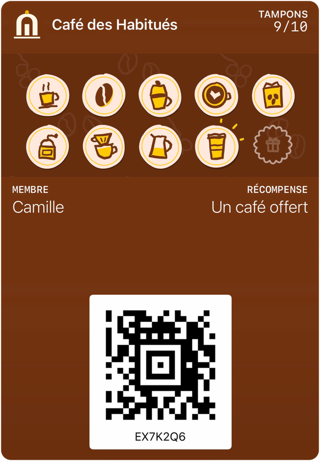 Carte de fidélité d’exemple de Café des Habitués dans Apple Wallet : 9 tampons sur 10, récompense : Un café offert.