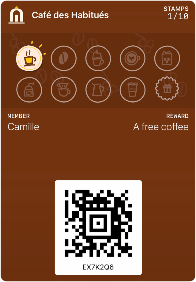 Sample loyalty card from Café des Habitués in Apple Wallet: 1 of 10 stamps, reward: A free coffee.