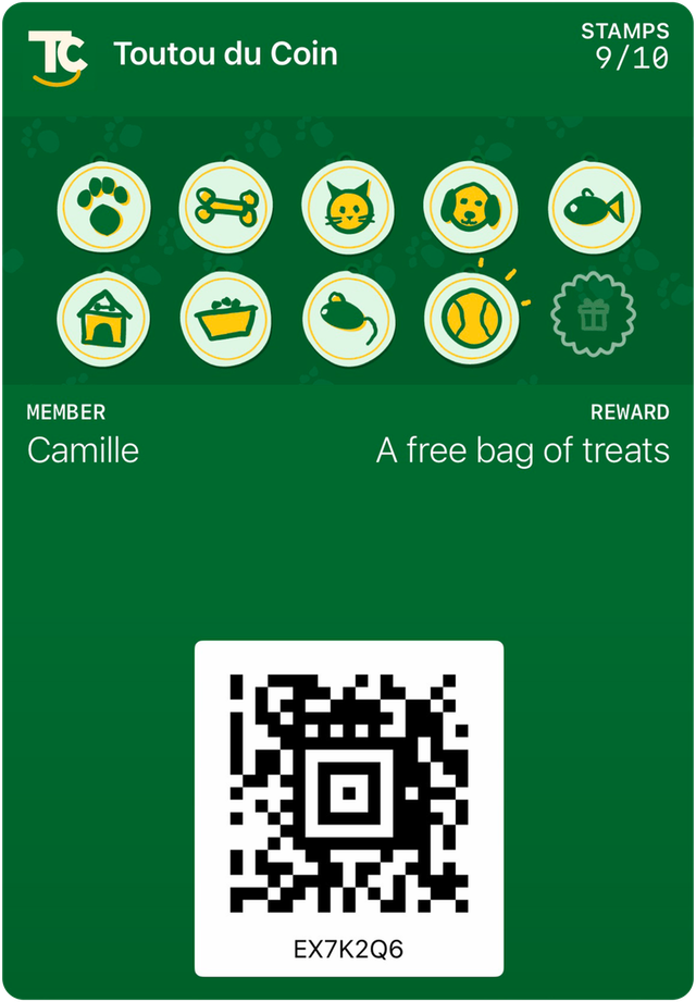 Sample card for Toutou du Coin in Apple Wallet: 9 stamps out of 10, reward: A free bag of treats.