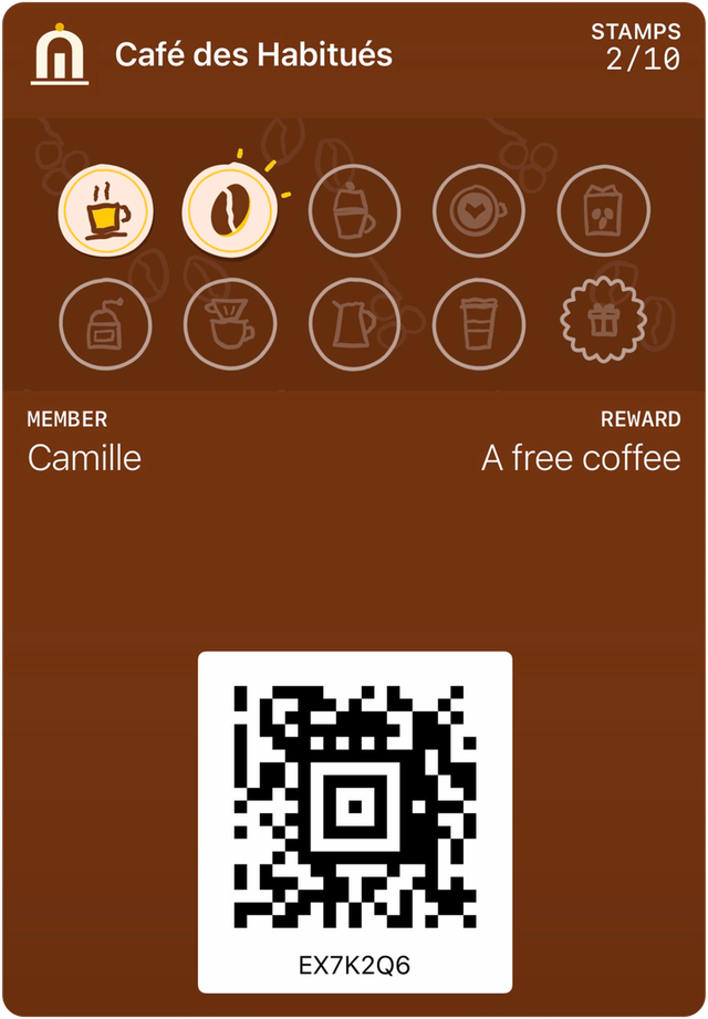 Sample loyalty card from Café des Habitués in Apple Wallet: 2 of 10 stamps, reward: A free coffee.