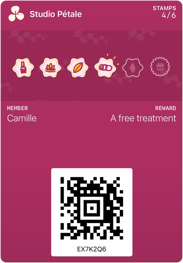 Sample card for Studio Pétale in Apple Wallet: 4 stamps out of 6, reward: A free treatment.