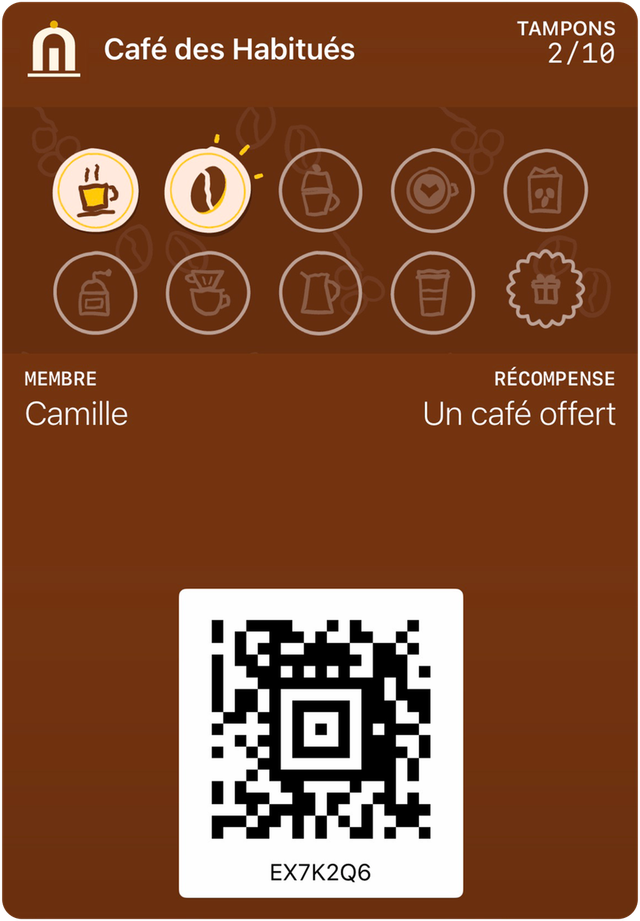 Carte de fidélité d’exemple de Café des Habitués dans Apple Wallet : 2 tampons sur 10, récompense : Un café offert.