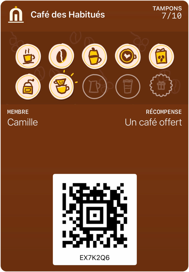 Carte de fidélité d’exemple de Café des Habitués dans Apple Wallet : 7 tampons sur 10, récompense : Un café offert.