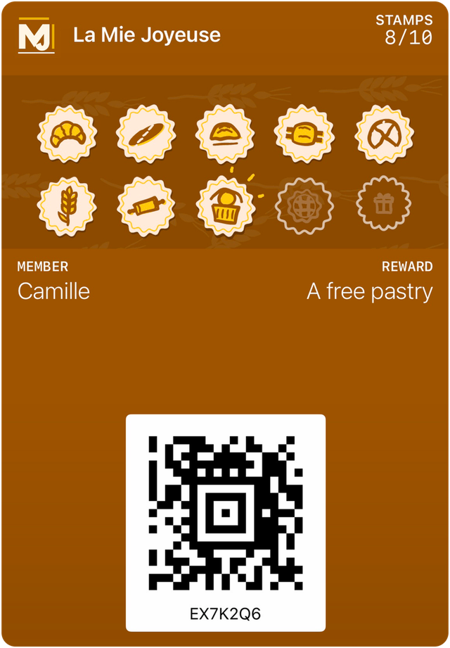 Sample card for La Mie Joyeuse in Apple Wallet: 8 stamps out of 10, reward: A free pastry.