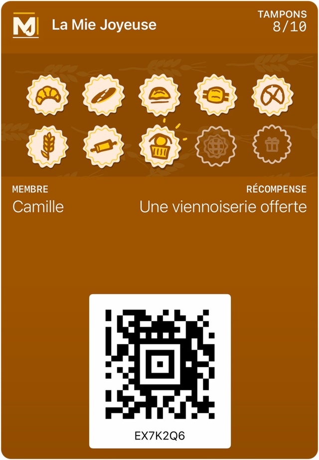 Carte d’exemple de La Mie Joyeuse dans Apple Wallet : 8 tampons sur 10, récompense : Une viennoiserie offerte.