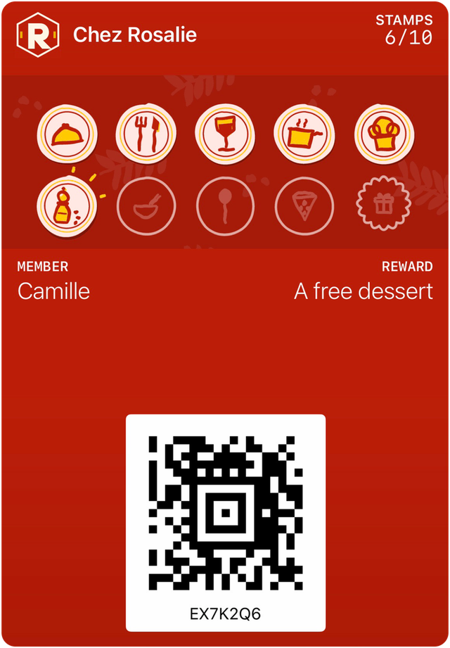 Sample card for Chez Rosalie in Apple Wallet: 6 stamps out of 10, reward: A free dessert.