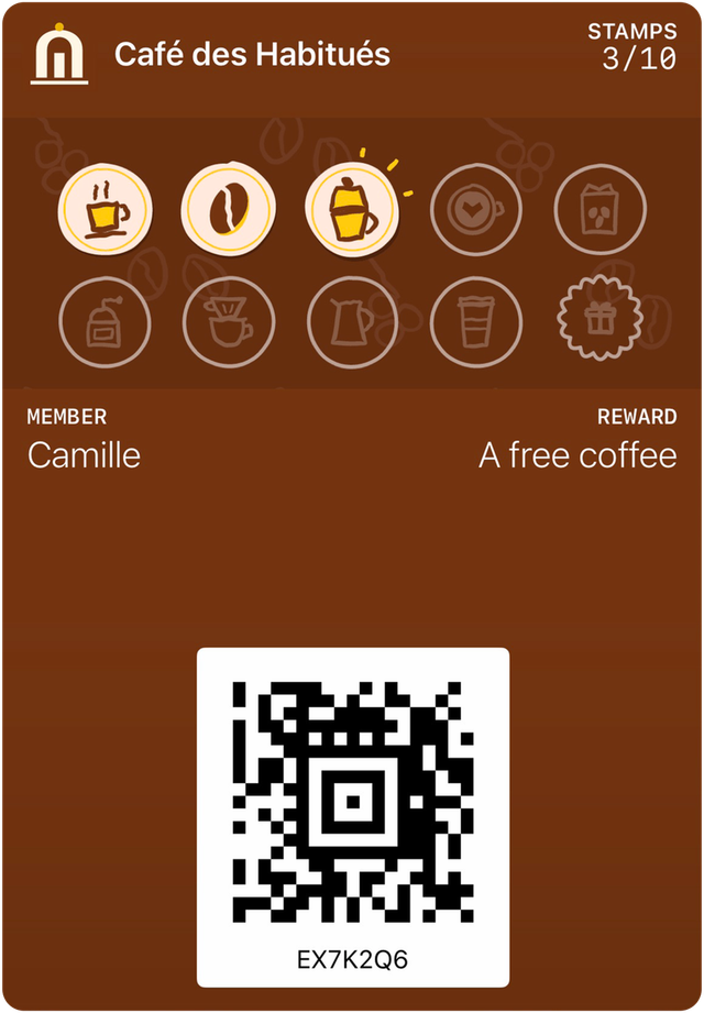 Sample loyalty card from Café des Habitués in Apple Wallet: 3 of 10 stamps, reward: A free coffee.