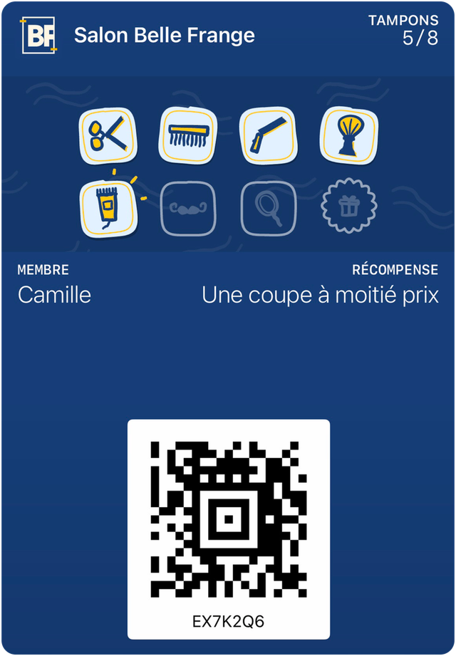 Carte d’exemple de Salon Belle Frange dans Apple Wallet : 5 tampons sur 8, récompense : Une coupe à moitié prix.